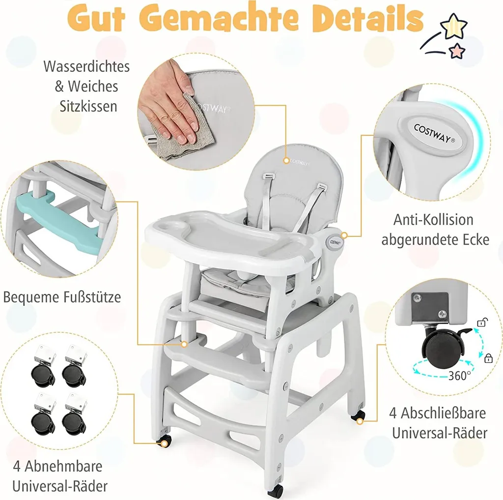 Chaise Haute Transformable Bébé Grise Multi-fonctions avec Plateau Amovible