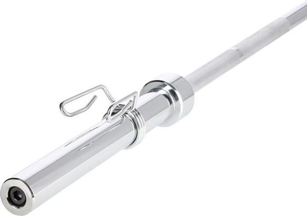 A close-up of a chrome barbell with a weight clamp attached.