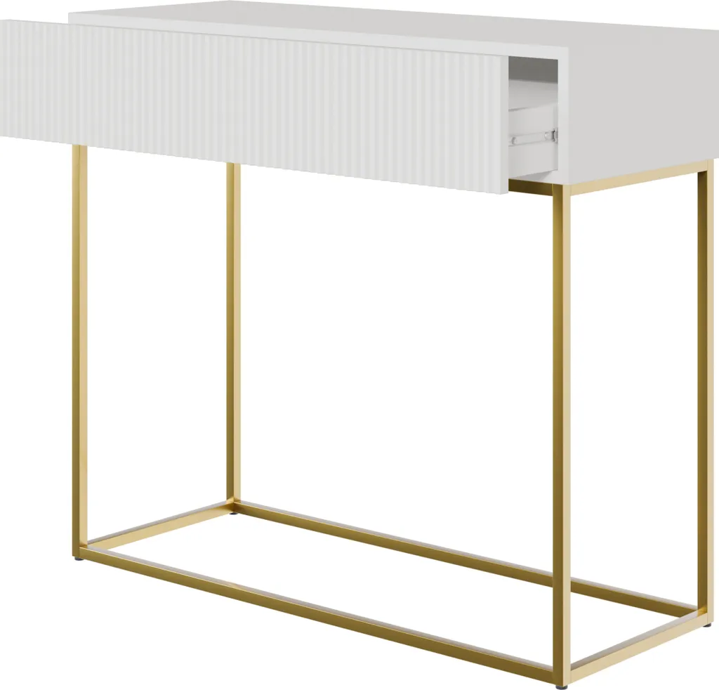 Console Blanche Pieds Métal Doré VELDIO - Table d'Appoint Chic 90cm