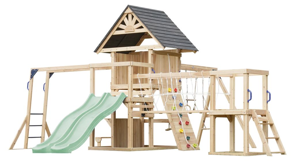 AXI Hunter Spielturm aus Holz mit 2 Schaukeln & doppelter Rutsche in Pastellgrün | XXL Spielhaus / Spielplatz für Kinder mit Klettergerüst, Klet...