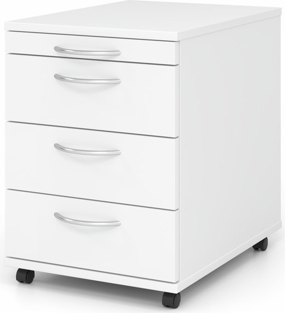 Rollcontainer Karri | Weiß | HxBxT 59x42,8x58cm | Bogengriff | 3 Schübe | Kugelführung, Teilauszug