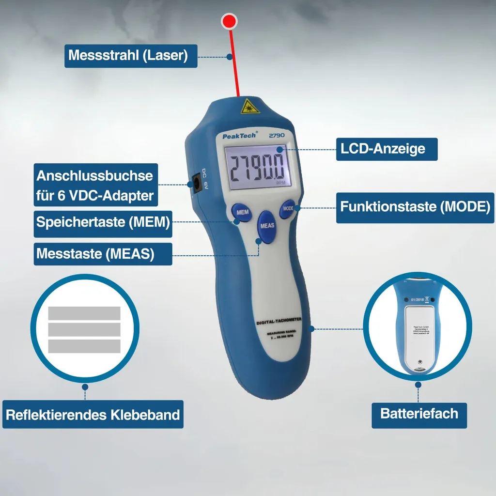 Tachymètre PeakTech 2790 haute résolution 0,1 tr/min et laser de précision