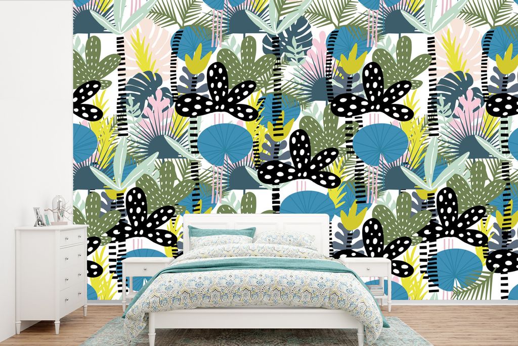 MuchoWow Fototapete für Wohnzimmer oder Schlafzimmer Wandtapete Vinyl Motivtapete Blätter - Dschungel - Muster - 525x350 cm - Das Hintergrundbild