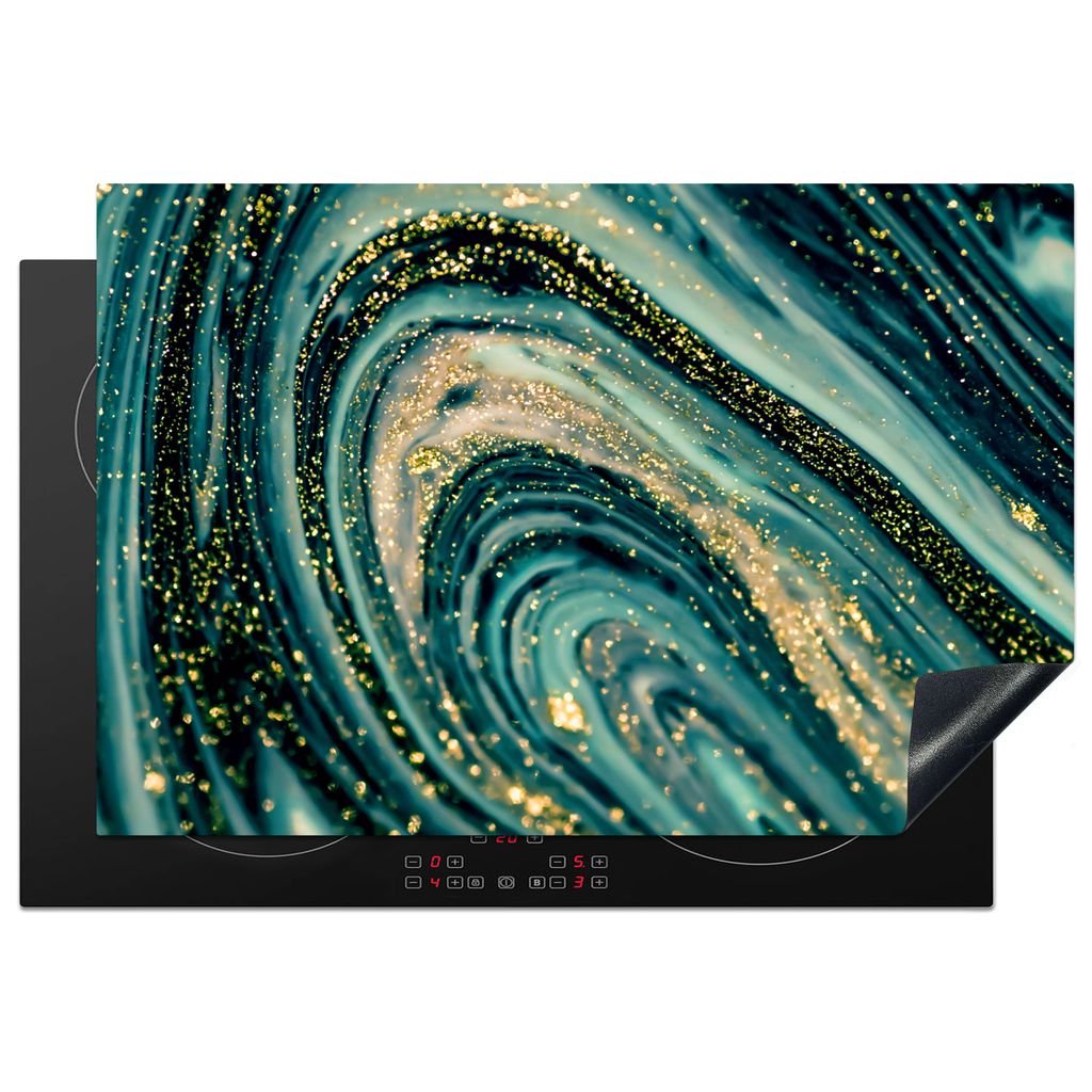 KitchenYeah Herdabdeckplatte Marmoroptik - Luxus - Gold - Türkis - Glitzer , 78x52cm, Küche Deko, Glaskeramikkochfeld Herdabdeckung, Abdeckplat...