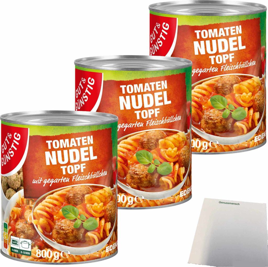 Gut & Günstig Tomaten Nudeltopf mit Fleischbällchen 3er Pack (3x800g Dose) + usy Block