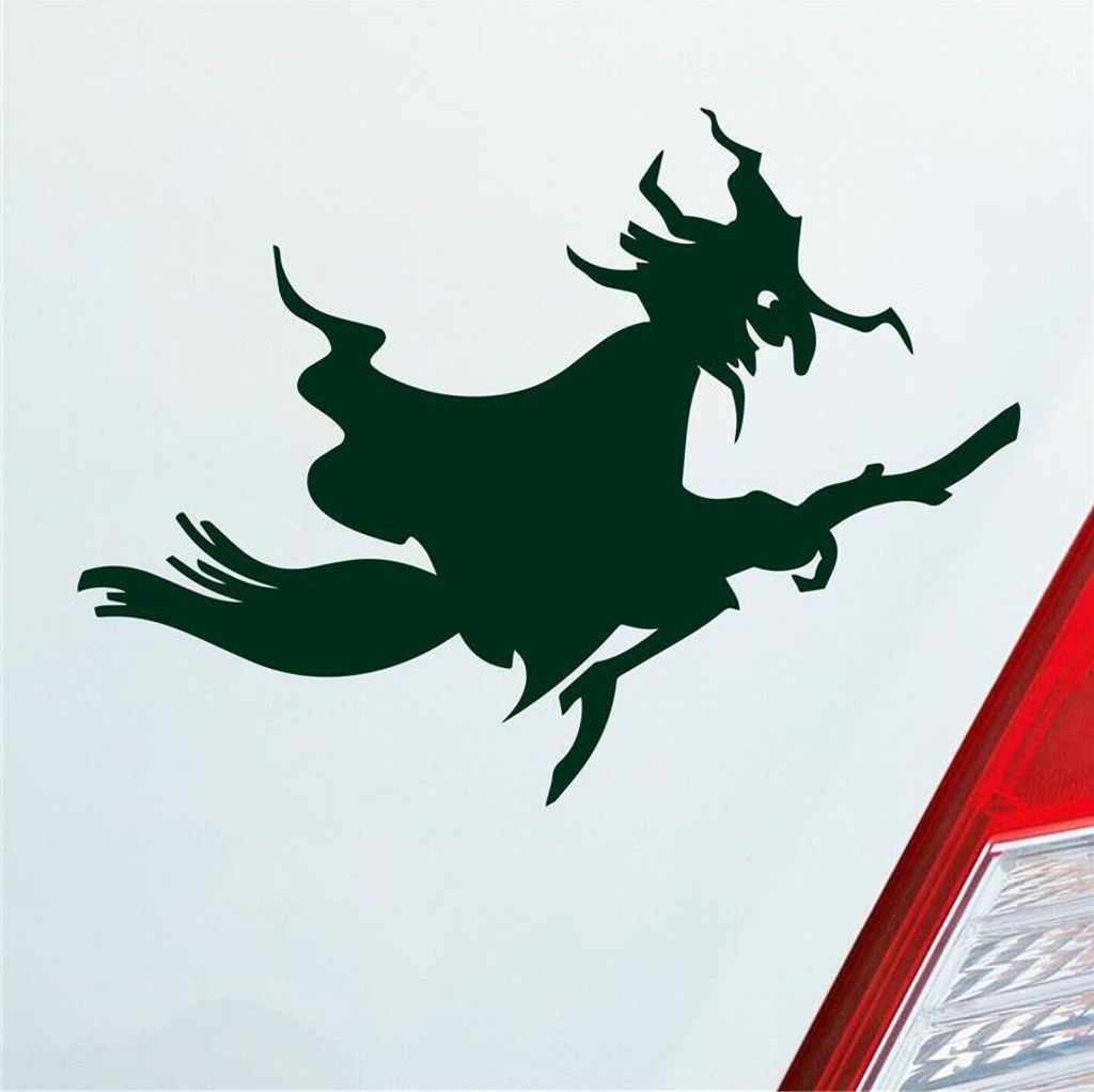 Auto Aufkleber Hexe Witch Besen Frau Hexerei 12x9 cm Dunkelgrün Sticker Heckscheibenaufkleber