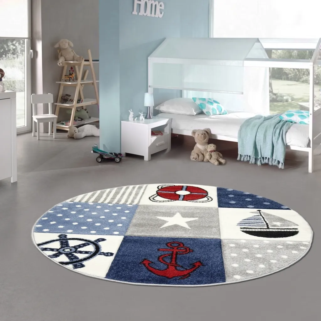 Tapis pour enfants rond 160 cm bleu crème gris au motif carreaux Maritim