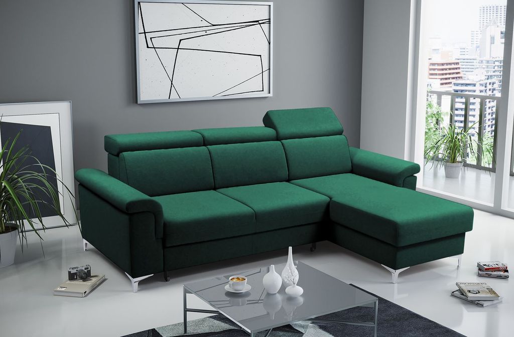 252cm Ecksofa universelle Polsterecke MARTIN mit Schlaffunktion Sofa Wellenfedern Wohnzimmer (Flasches Grün)