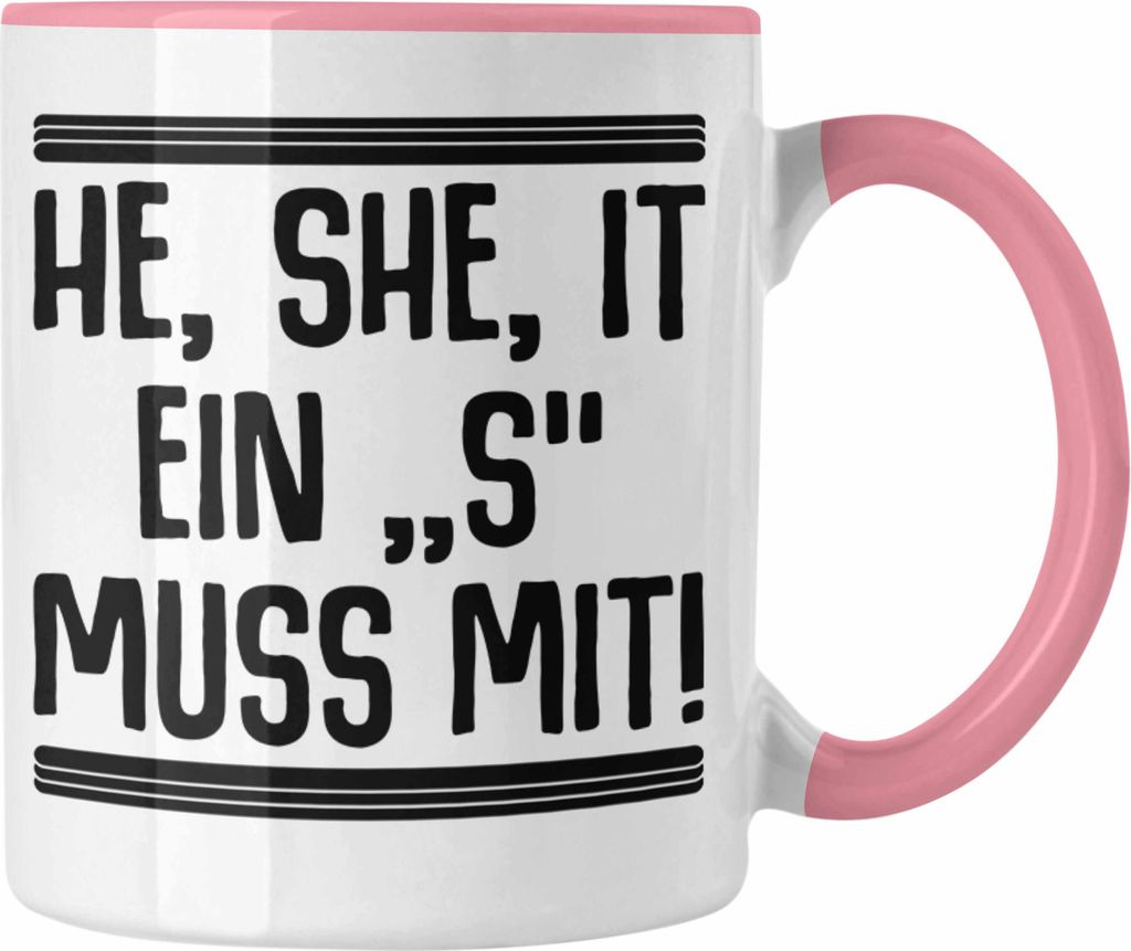 Trendation - Englischlehrer Tasse Geschenk He She It Englischlehrerin Geschenkidee Spruch Grundschule (Rosa)
