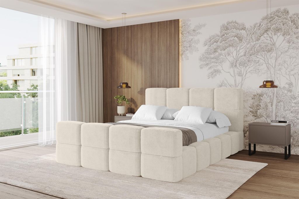 ALTDECOR Polsterbett mit Bettkasten - NATA-Z 180x200 Hellbeige, Bett mit Kopfteil, Boxbett ohne Matratze, Doppelbett mit Stauraum