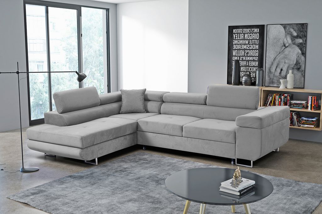 Ecksofa Marlene III L-Form mit verstellbaren Kopfstützen Schlaffunktion Bettkasten 271 cm Lieferung bis in die Wohnung Wohnzimmer links (Farbe: he...