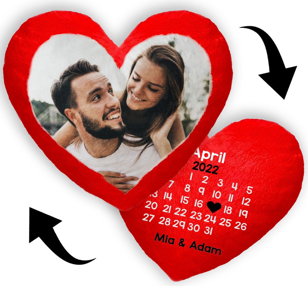 PERSONALISIERTES Kissen (35 x 40 cm) in Herz Form DOPPELSEITIGES KISSEN MIT Foto, Text, Kalender und QR; Flauschiges Minky; Zum Valentinstag, Hohze...