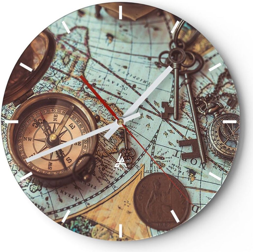 Wanduhr - Rund - Glasuhr - Kompass Vintage Karte - 30x30cm - Schleichendes Uhrwerk - Lautlos - zum Aufhängen bereit - Dekoration Modern - Wanddeko...
