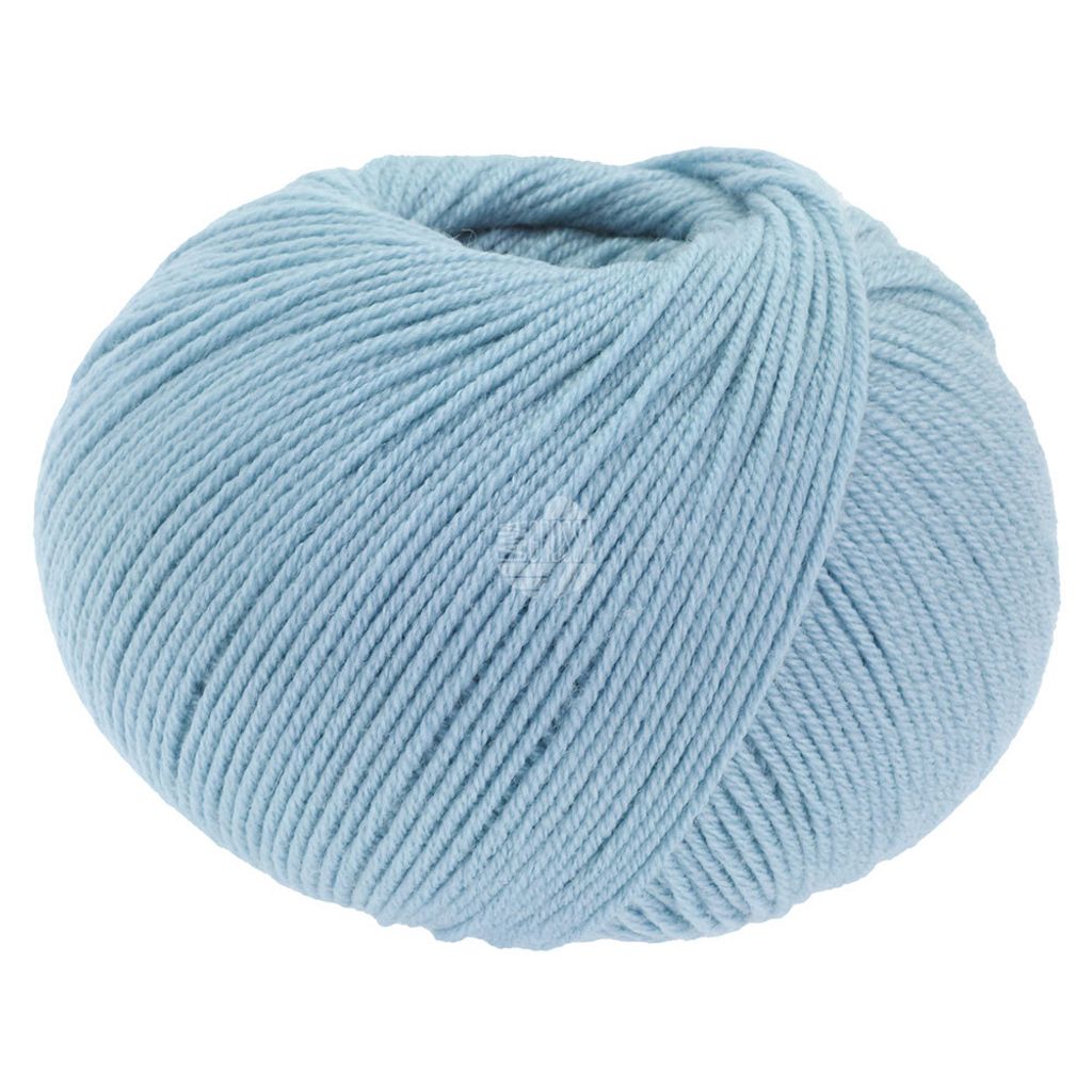 A single ball of light blue yarn.