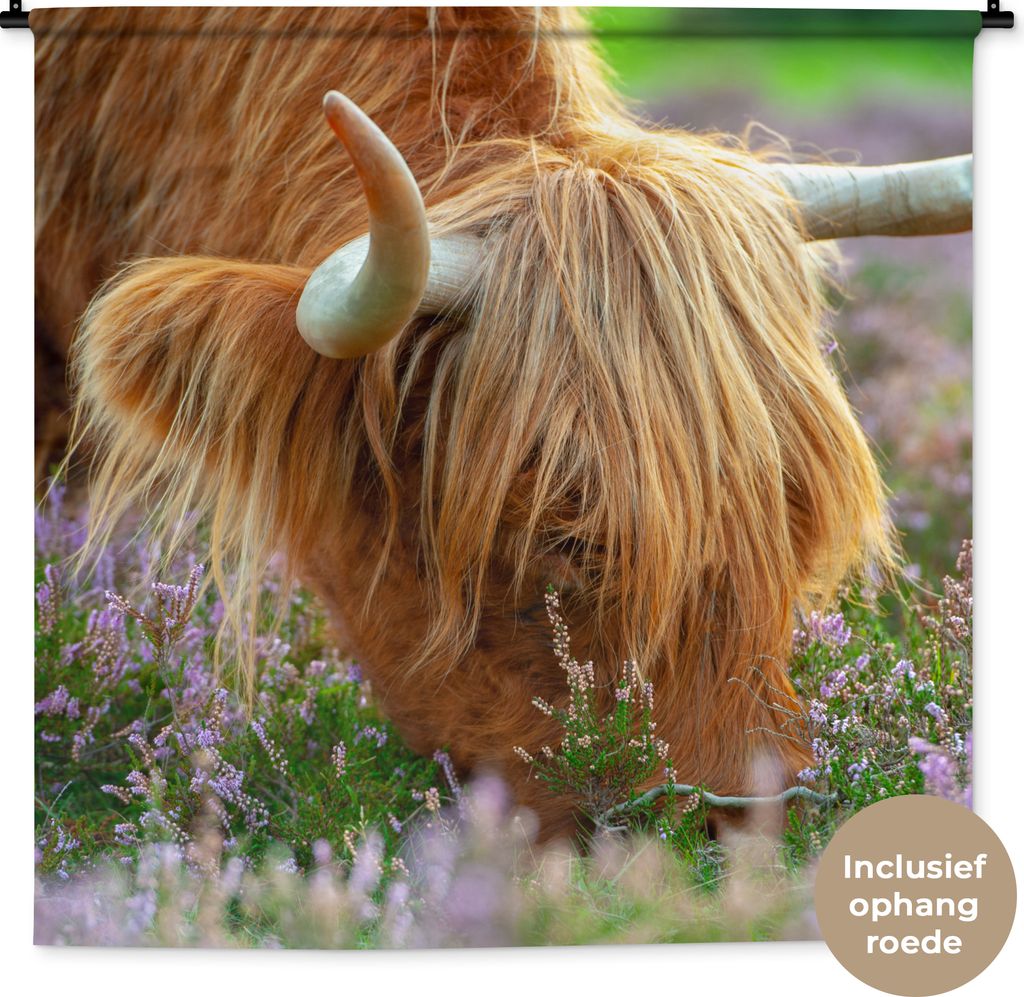 MuchoWow Wandteppich Wandbehang Schottisches Hochlandrind - Hörner - Heidekraut 150x150 cm Tapisserie Dekoration Wandtuch - Wohnaccessoires - Mo...
