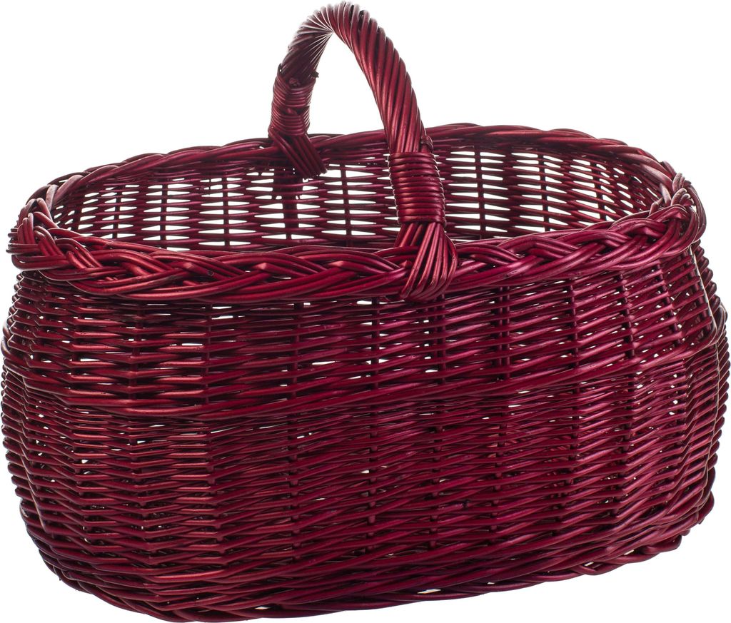 A red wicker basket with a handle, shown against a white background.