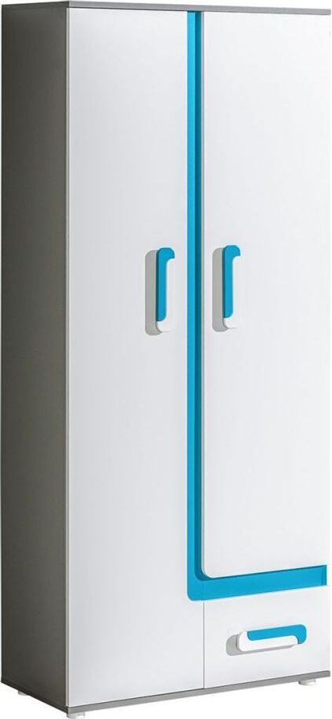 Jugendzimmer - Drehtürenschrank / Kleiderschrank Oskar 03, Farbe: Anthrazit / Weiß / Blau - 192 x 85 x 40 cm (H x B x T)