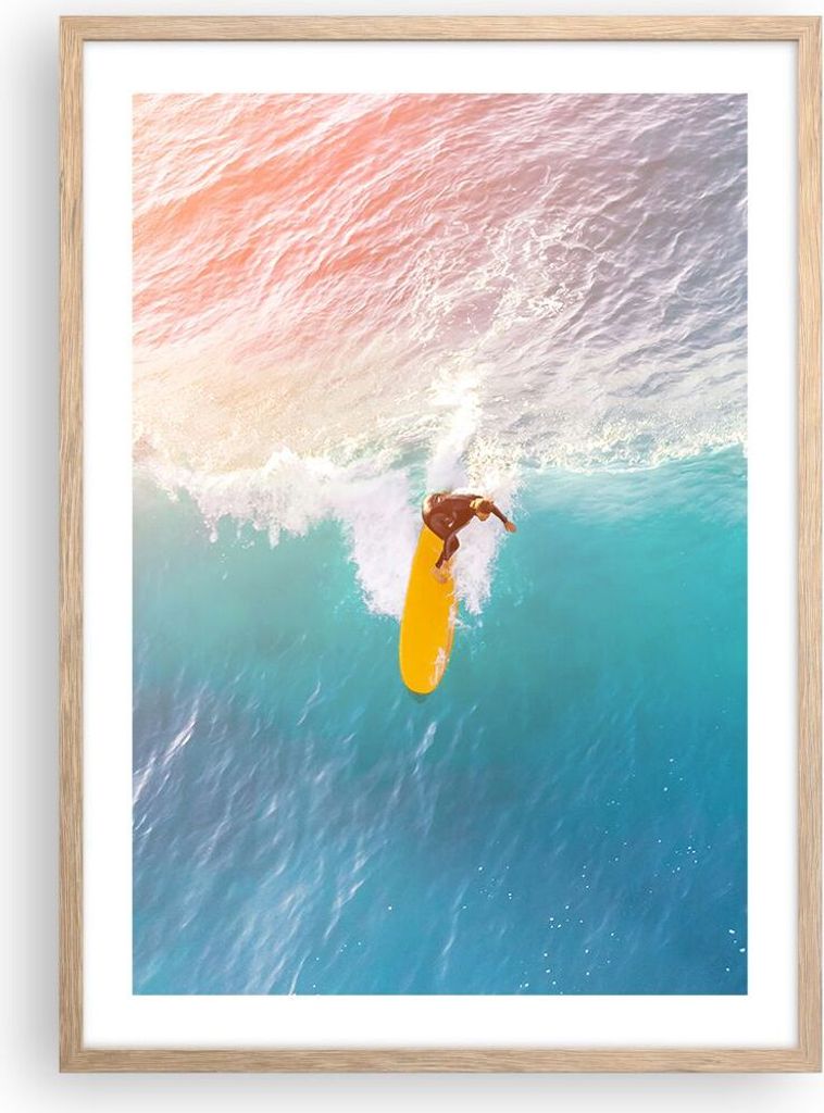 Gerahmtes Poster - Rahmen in heller Eiche - Surfen Welle Licht - 50x70 cm - Wand Bild - Wanddeko - Wandbilder - Kunstposter - Wandposter - Bilderra...