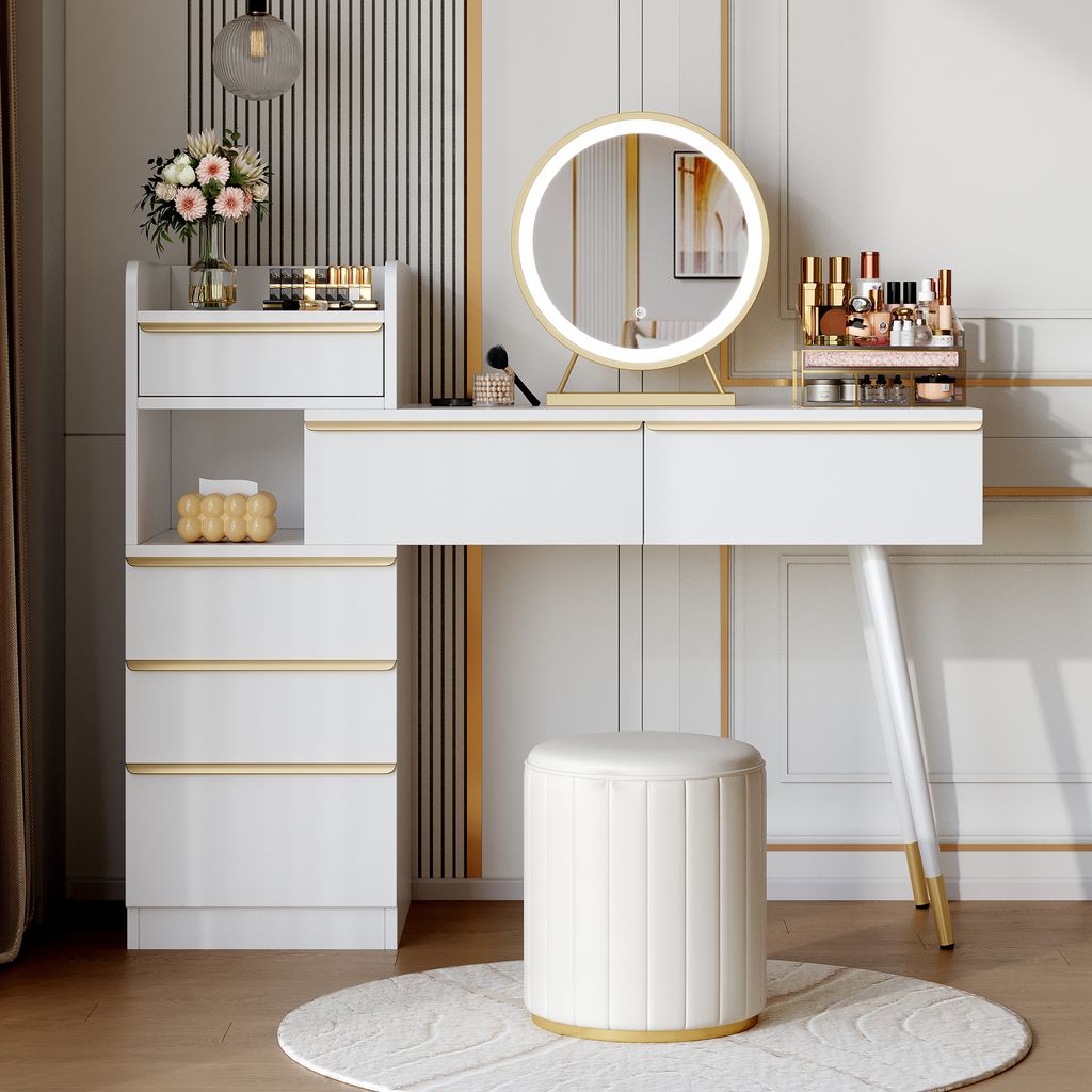 A white vanity desk with a round LED mirror and a matching stool, displayed in a well-lit room.