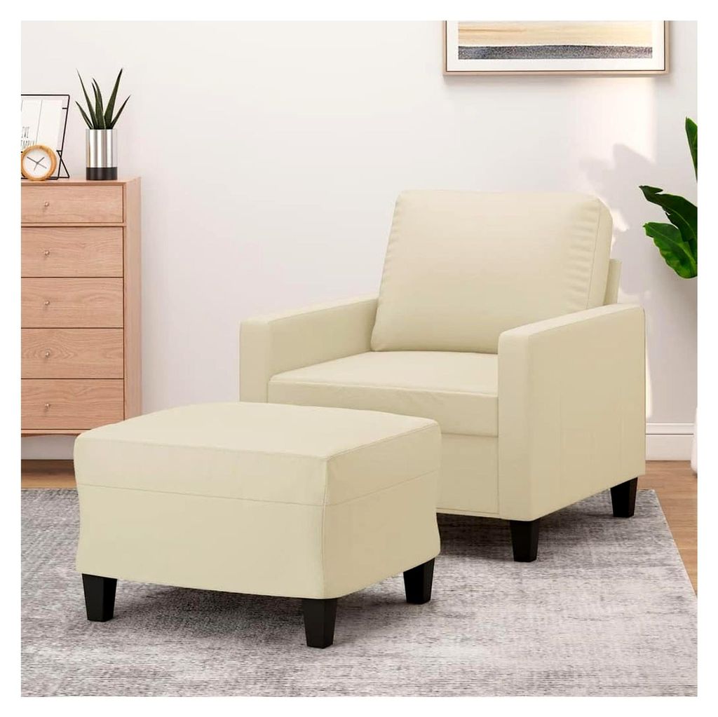 Sessel mit Hocker in Creme, 60 cm breite Sitzfläche, Kunstleder, stabiles Metallgestell, gemütlicher Lesesessel, vielseitiger Loungesessel für W...