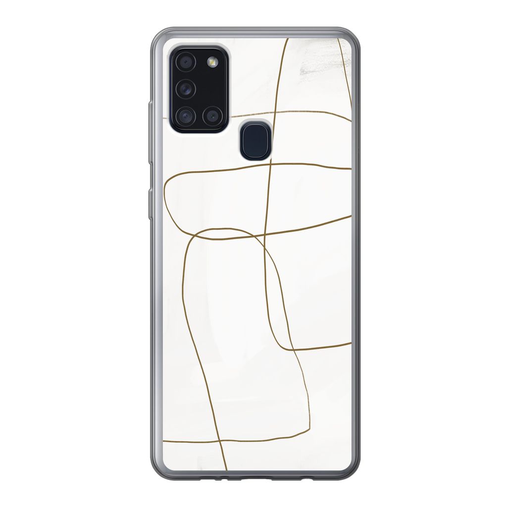 MuchoWow Handyhülle Schutzhülle Hülle für Samsung Galaxy A21s Kunst - Braun - Weiß - Abstrakt Silikon Softcase Handy Hülle - Hartschale