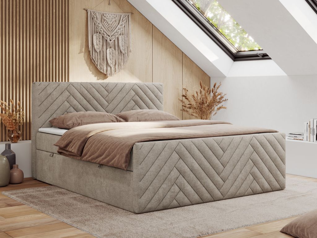 MKS MEBLE Boxspringbett 160x200 mit Bettkasten Matratze H4 - Paris Duo - Beige Strukture