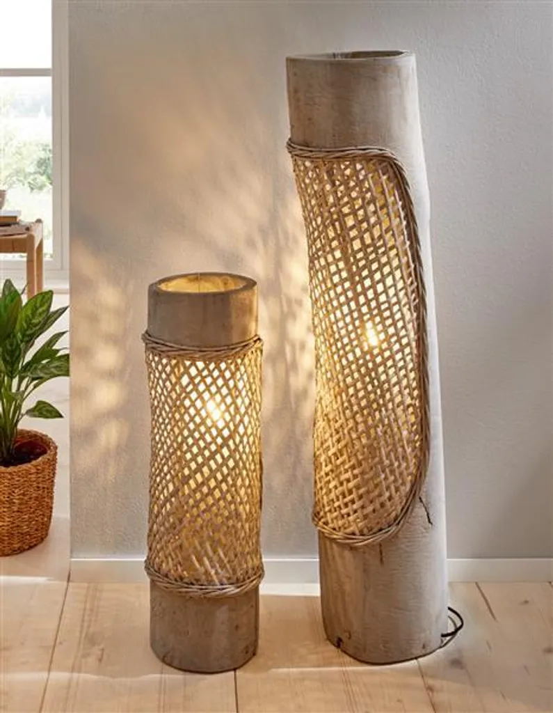 Lampe de sol décorative Artesania 60 cm en osier tressé gris et bois