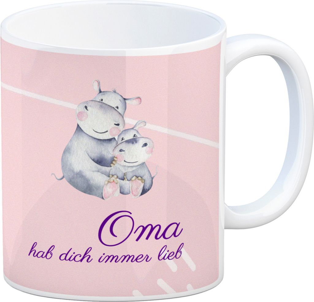 Oma hab dich immer lieb Kaffeebecher mit niedlichem Nilpferd in rosa