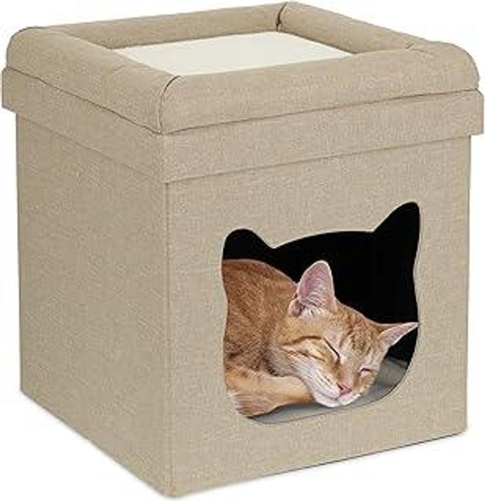 Katzenhöhle Indoor, Schlafplatz für Samtpfoten, Katzenbox 2 Etagen, faltbar, HBT: 44 x 40 x 40 cm, braun/weiß