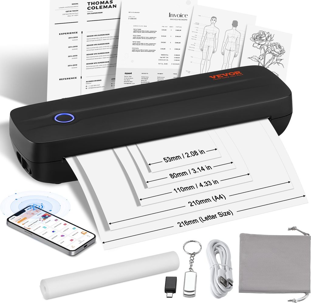 VEVOR mobiler Drucker tragbarer Thermodrucker Bluetooth tintenloser Drucker, A4 A5 Thermopapier kompatibel mit iOS/Android/Laptop, 203 DPI schwarz