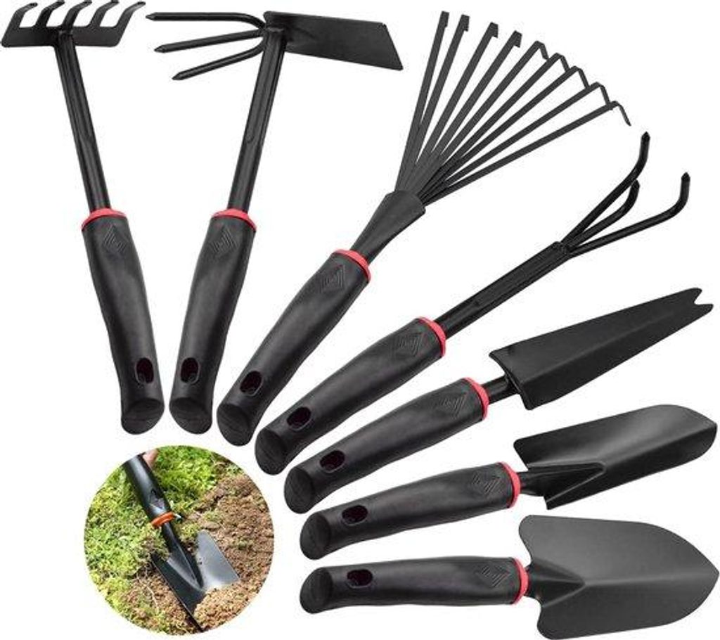 7-teilige Gartengeräte-Satz - Kultivator Rechen Schubkarre Gartenarbeit Antislip-Grundstücke Blumenhäcksler Setzlinge Größe für Umsetzen und ...