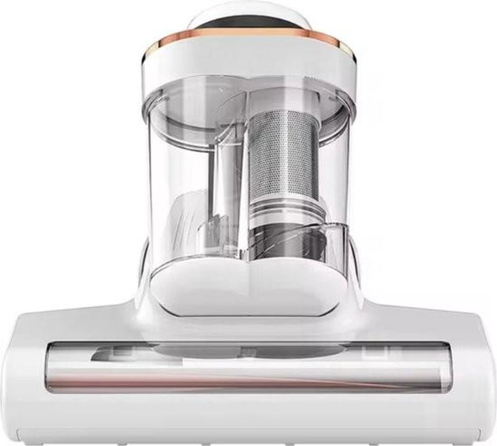 A close-up front view of a white vacuum cleaner head with transparent dustbin and internal filter.