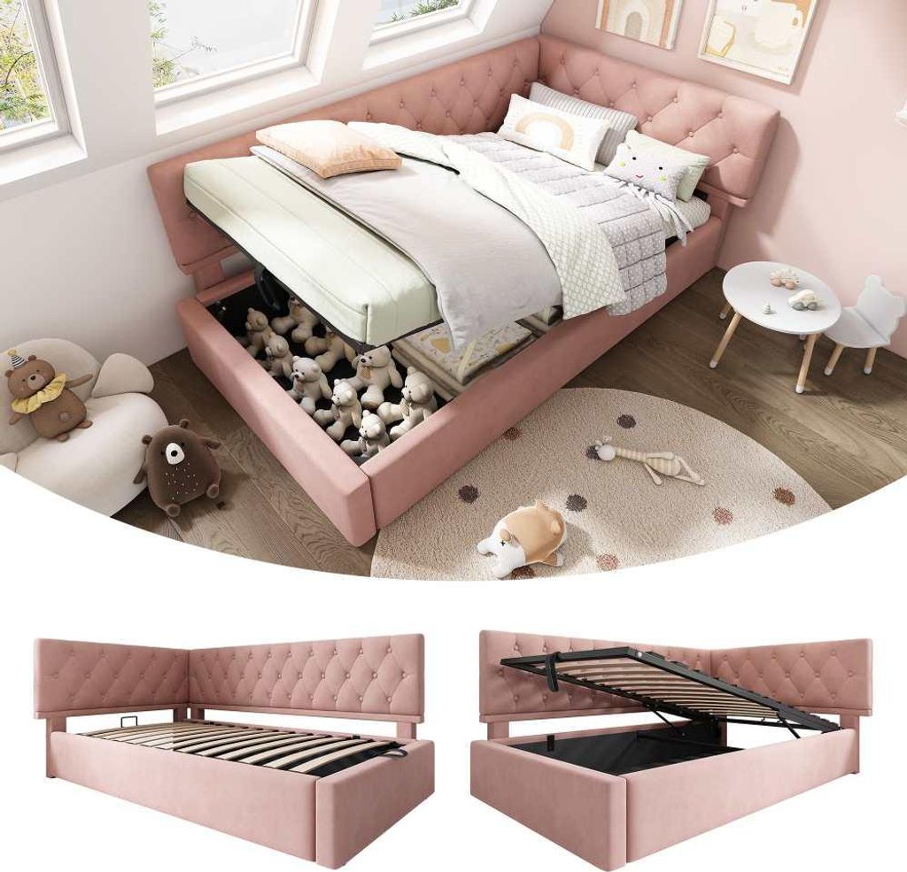 s Tagesbett aus Samt, Kinder- und Jugendbettgestell mit Staufach, inklusive Lattenrost aus Holz, ohne Matratze, 90x190 cm, Rosa