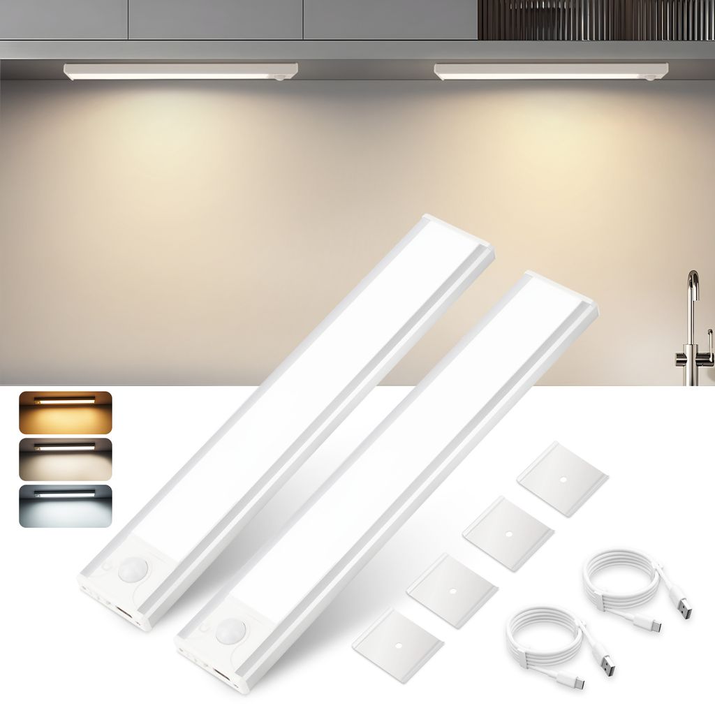 ZMH Unterbauleuchte Küche LED 20CM 2 Stück Schrankbeleuchtung mit Bewegungssensor USB Wiederaufladbar Schranklicht Dimmbar 3 Farbtemperatur