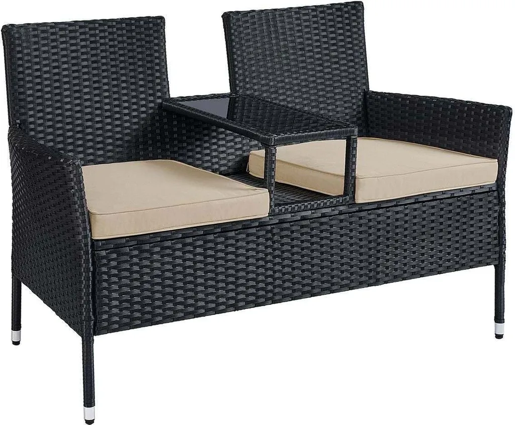 Canapé de jardin 2 places avec coussins confort et table en verre