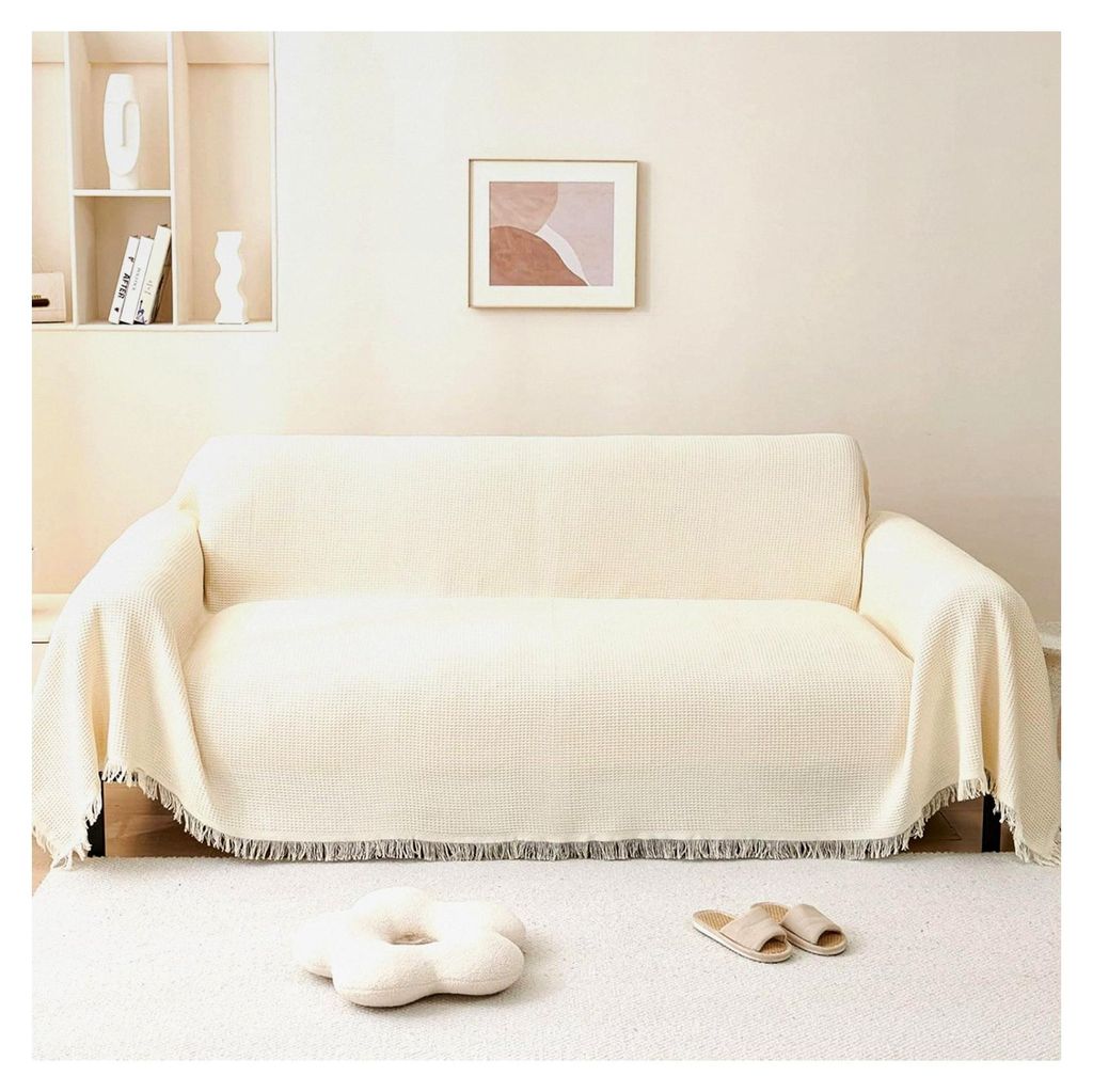 Sofaüberwurf Decke mit Fransen - 180x230cm Doppelseitiger Überwurf für 2-Sitzer-Sofas im Waffelmuster - Creme