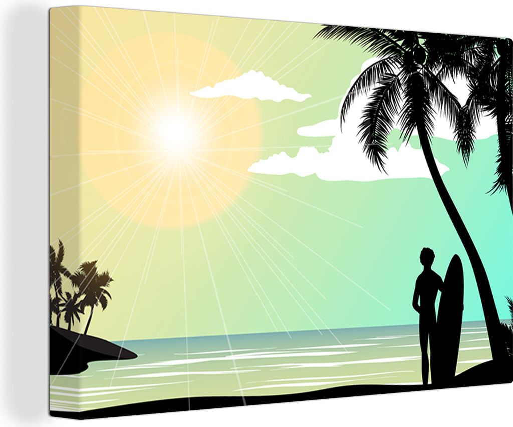 OneMillionCanvasses - Leinwandbilder - 140x90 cm, Meer - Surfen - Sonne - Palme, Wandbilder Kunstdruck Wanddekoration