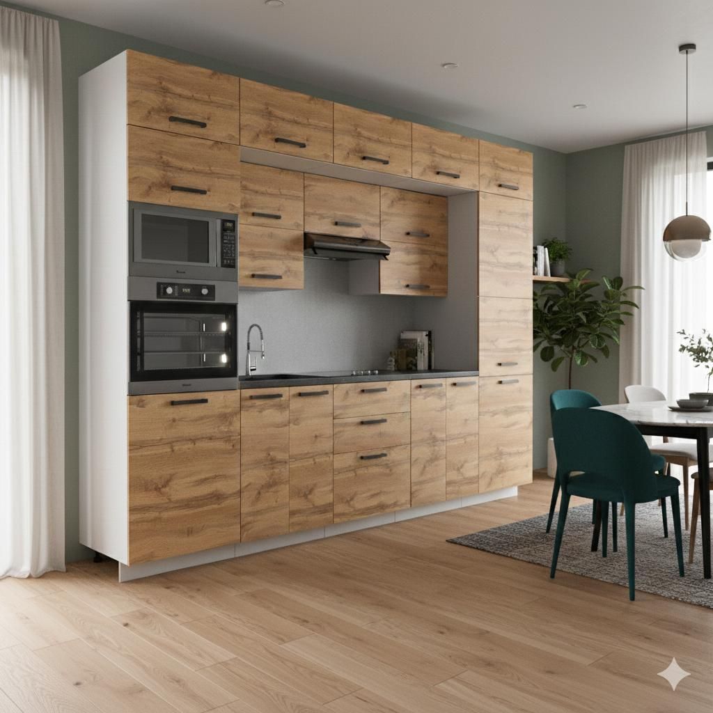 ULWEHOME Küchenmöbel Küchenmöbel-Set Küche Neapol 300 cm|Unterschrank-Arbeitsplatte-Hochschrank für Backofen und Mikrowelle-Vorratsschrank|Ei...