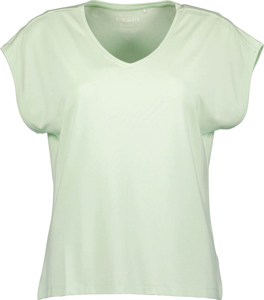 Blue Seven Damen T-Shirt mit V-Ausschnitt - Unifarbenes Kurzarm-Shirt mit überschnittenen Schultern in Hellgrün Größe 42