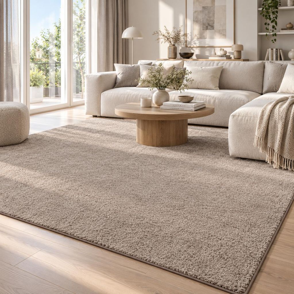 Hochflor Velours Teppich Mona Taupe, Größe:80x200 cm Produktbild 