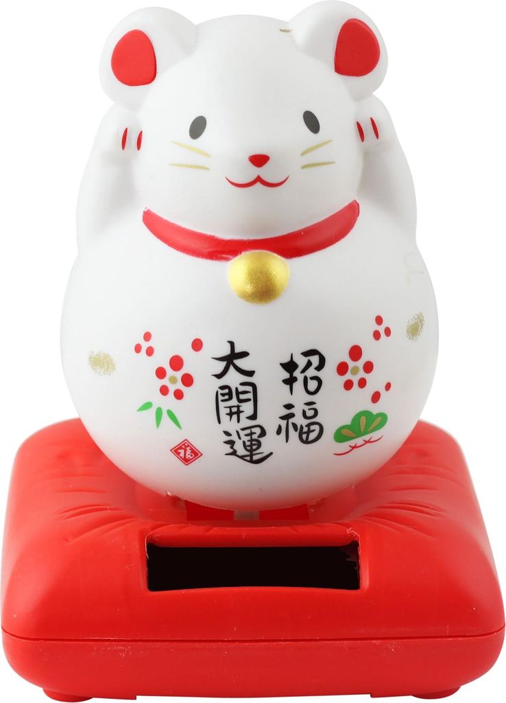 Glückskatze Maus - Maneki-neko - Winkekatze - Solar - 10,5 cm - weiß