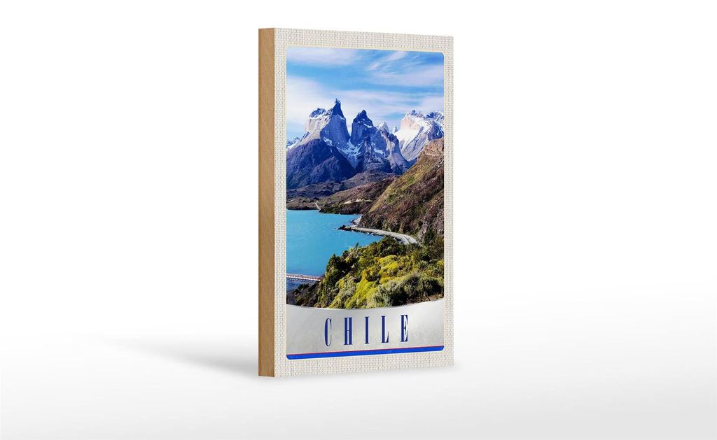 Holzschild Reise 12x18 cm Chile Gebirge Meer Natur Schnee