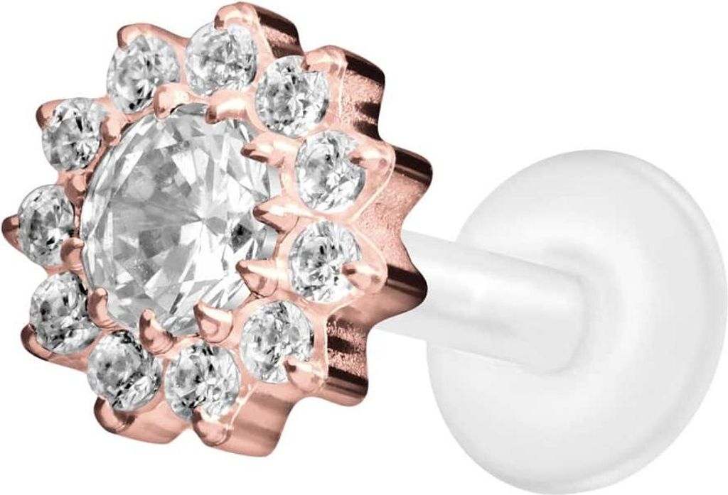 Ohrpiercing, Nasenpiercing PTFE Labret mit Innengewinde + Titan-Aufsatz KRISTALLBLUME RoséGold Stablänge: 8mm | Stabstärke: 1,2mm