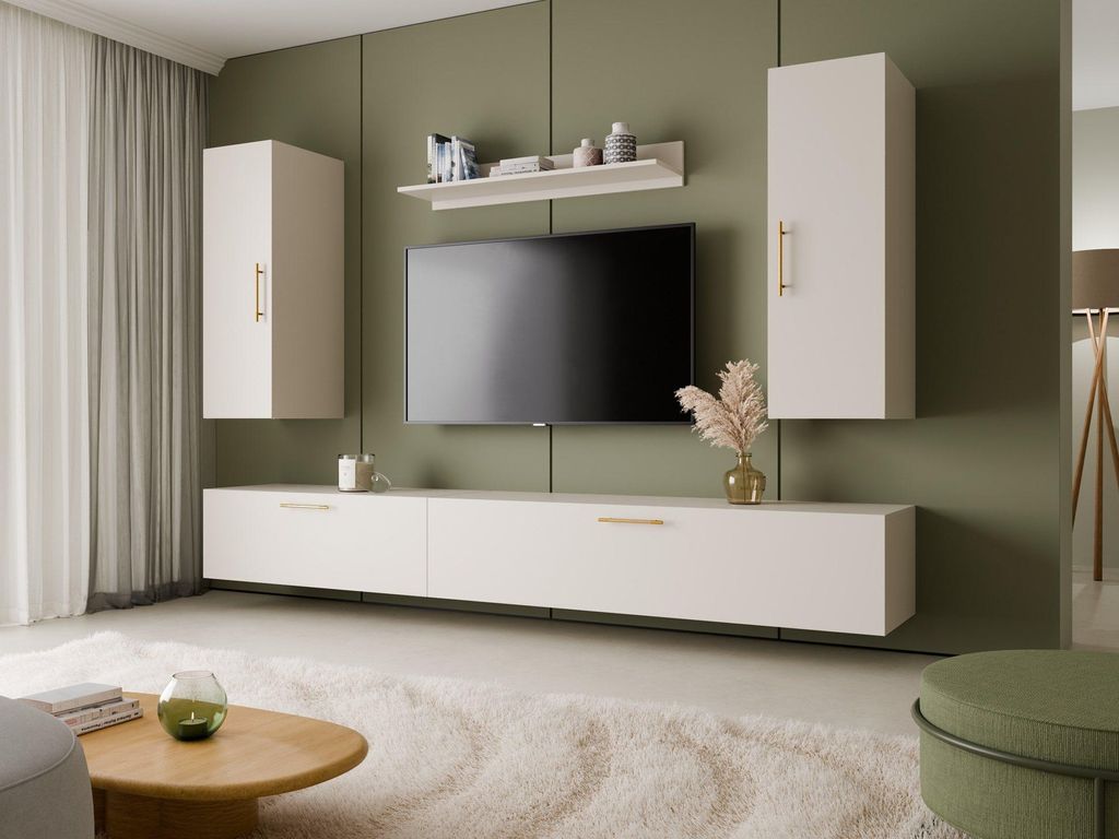 MONCLERO GF1 | Wohnwand SANTI 1R Kaschmir Matt Gold – TV Wandmöbel Set Wohnzimmer mit Hängeschränken & Regal 5-teilig