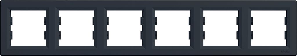 A dark gray, six-gang horizontal switch plate frame with white openings for switches.