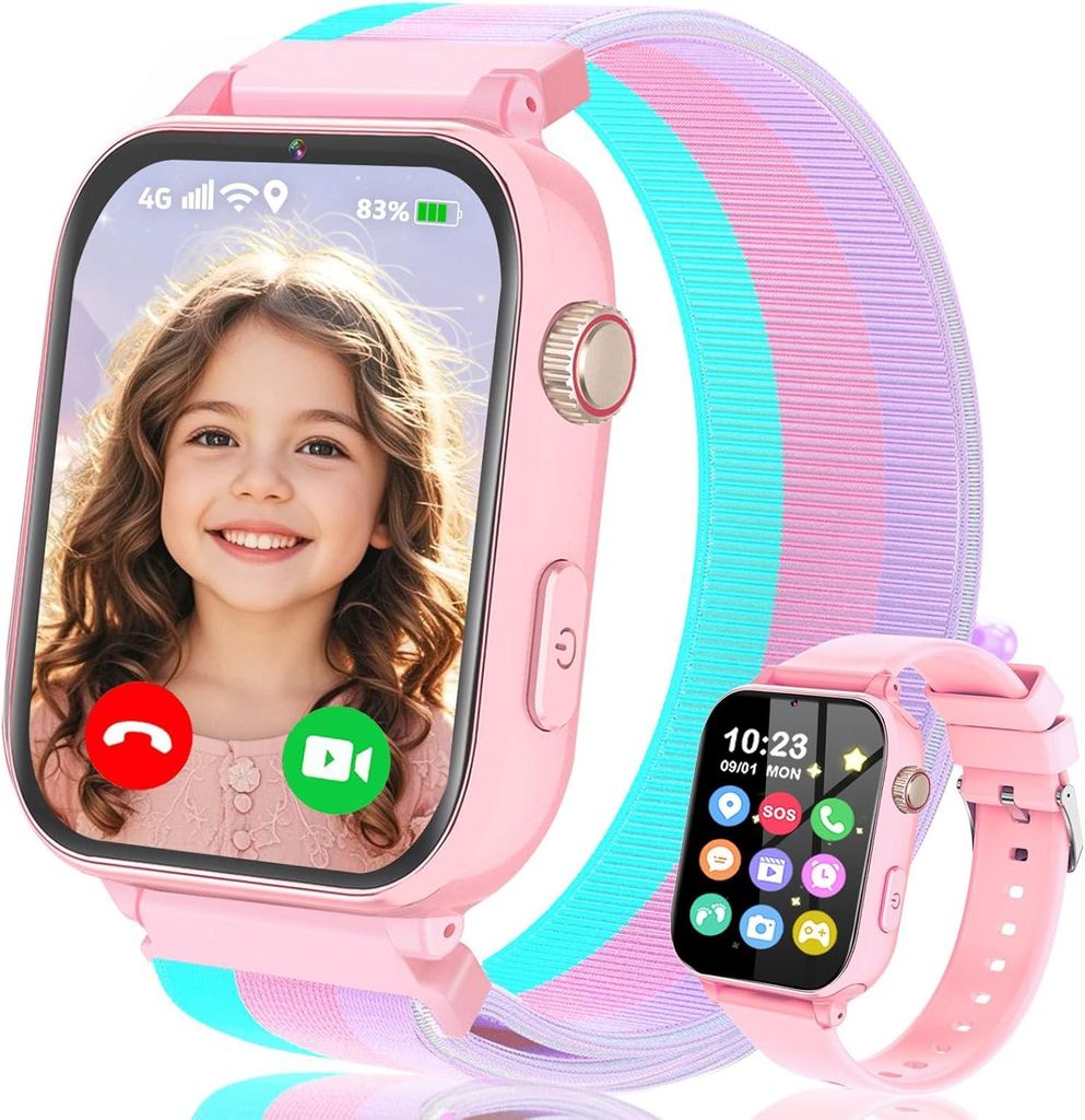 für Kinder, Kinderuhr mit GPS, WLAN, SOS-Funktion, Telefon-/Videoanruf-/Sprachchat-Funktion, Schulmodus, Wecker, Schrittzähler, Spielen – ideales