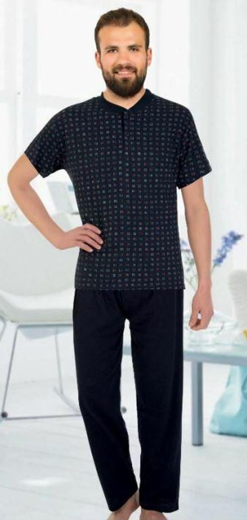 Herren Pyjama Schlafanzug Marineblau L %100 Baumwolle Kurz Produktbild 