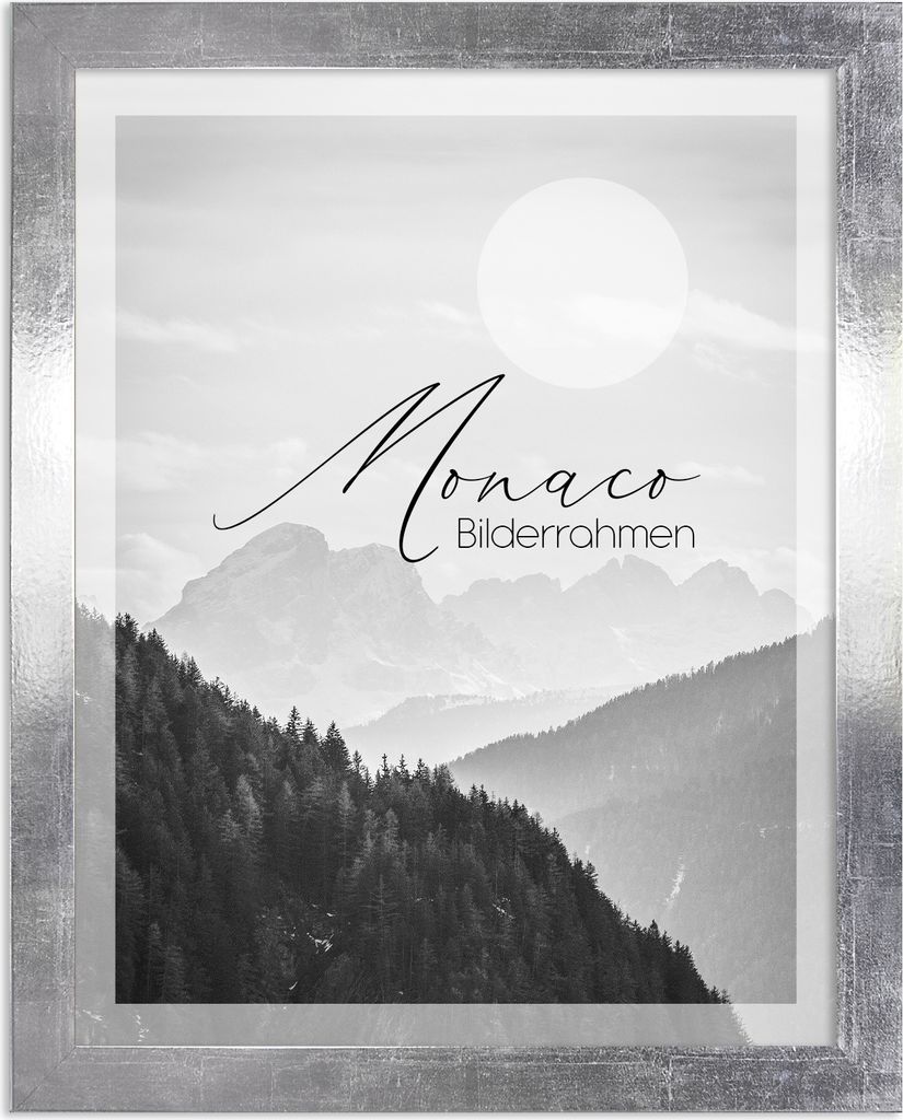 Bilderrahmen Monaco - 30x60 cm, Silberglanz Vintage Nachbildung, 1 mm Kunstglas klar
