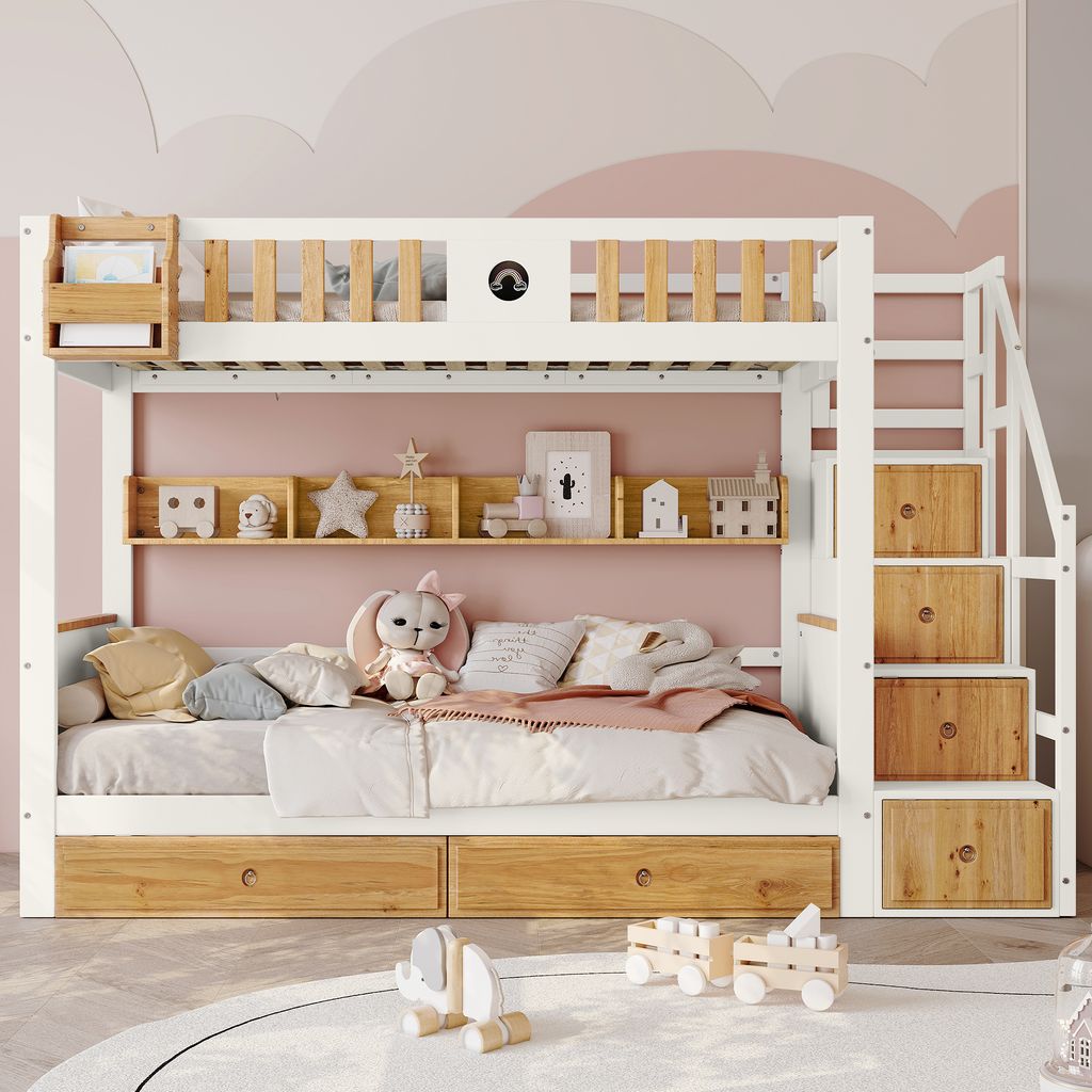 Abrihome Etagenbett Kinderbett mit 4 Schließfächer in der Treppe und Tafel, Fallschutzgitter und 2 Schubladen, Offenes Reg, Weiß+Natur
