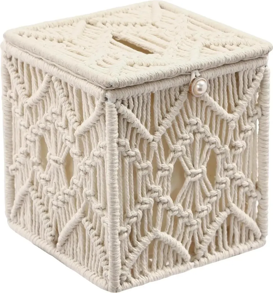 Scatola portafazzoletti - Scatola portatovaglioli - Corda di cotone - Chiusura con perla in ferro - Decorazione boho - Per la casa e l'hotel - 14 × 15 cm - Bianco